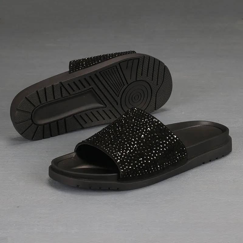Летни нови черни чехли от телешка кожа с диаманти, моден тренд, индивидуално, гъвкави, леки, удобни, стабилни и дишащи
