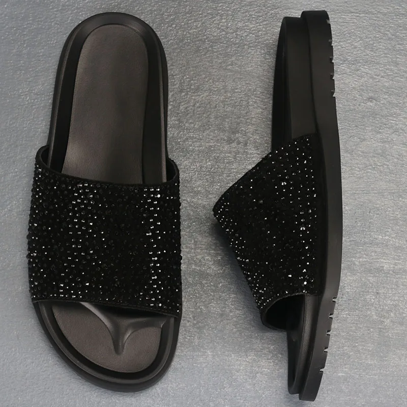 Летни нови черни чехли от телешка кожа с диаманти, моден тренд, индивидуално, гъвкави, леки, удобни, стабилни и дишащи