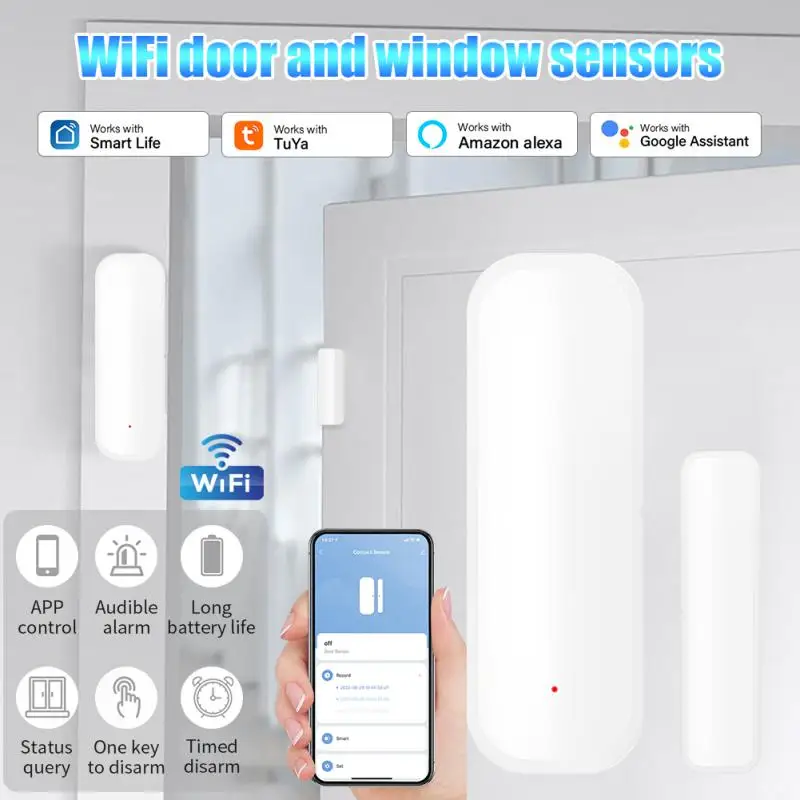 Sasha WiFi Умен вратата сензор, магнитен Детектор за отваряне и затваряне на сигнализация, Защита на сигурността, дистанционно управление Smart Life Алекса Google Home