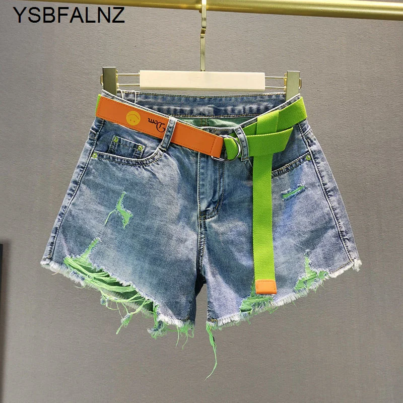 Дамски летни тънки секси дънкови къси панталони с дупки с контрастиращ зелен цвят, модни свободни скъсани дънки с висока талия, топли панталони, градинска облекло