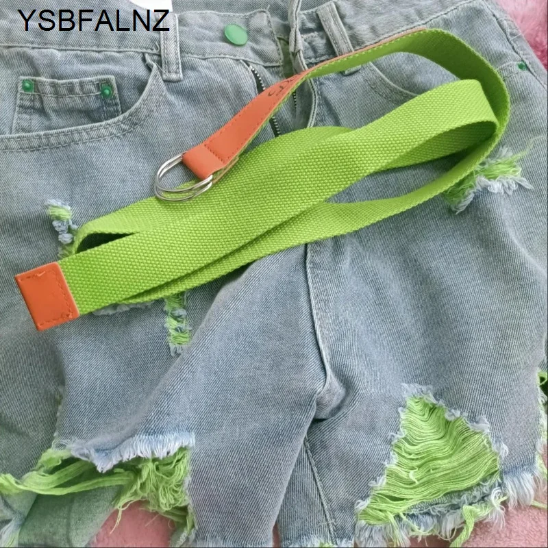 Дамски летни тънки секси дънкови къси панталони с дупки с контрастиращ зелен цвят, модни свободни скъсани дънки с висока талия, топли панталони, градинска облекло