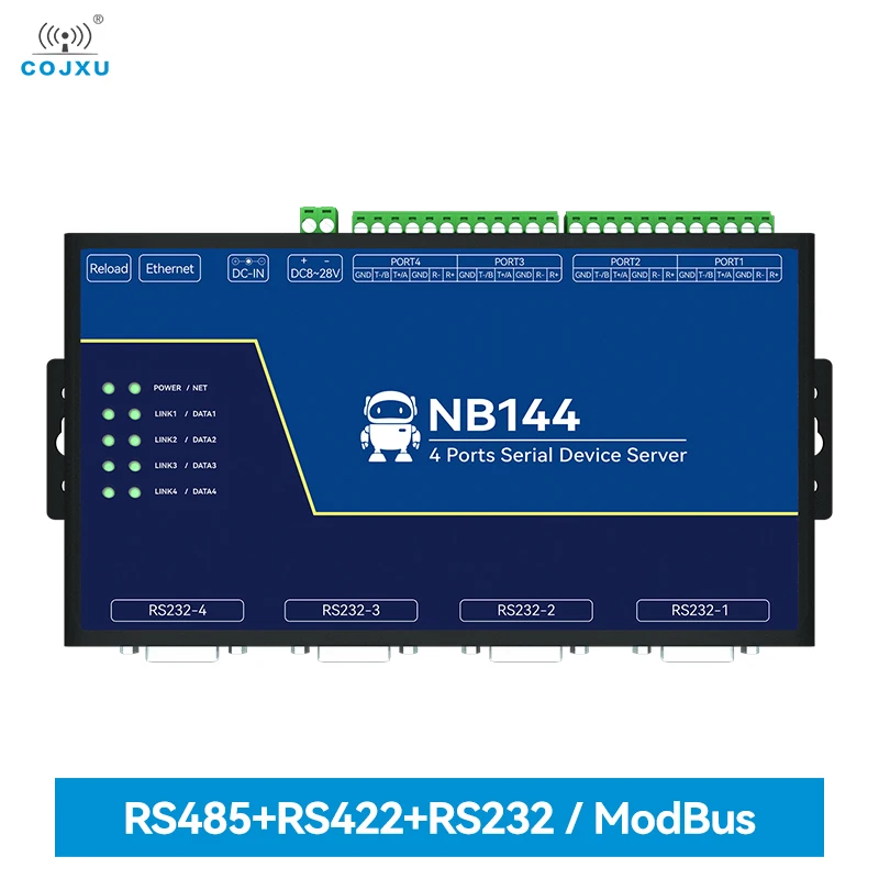 RS232/422/485 Изолиран 4-канален Сериен сървър RJ-45 Modbus Gateway NB144E POE, с Прием на храна TCP/UDP/MQTT DC 8-28 В COJXU