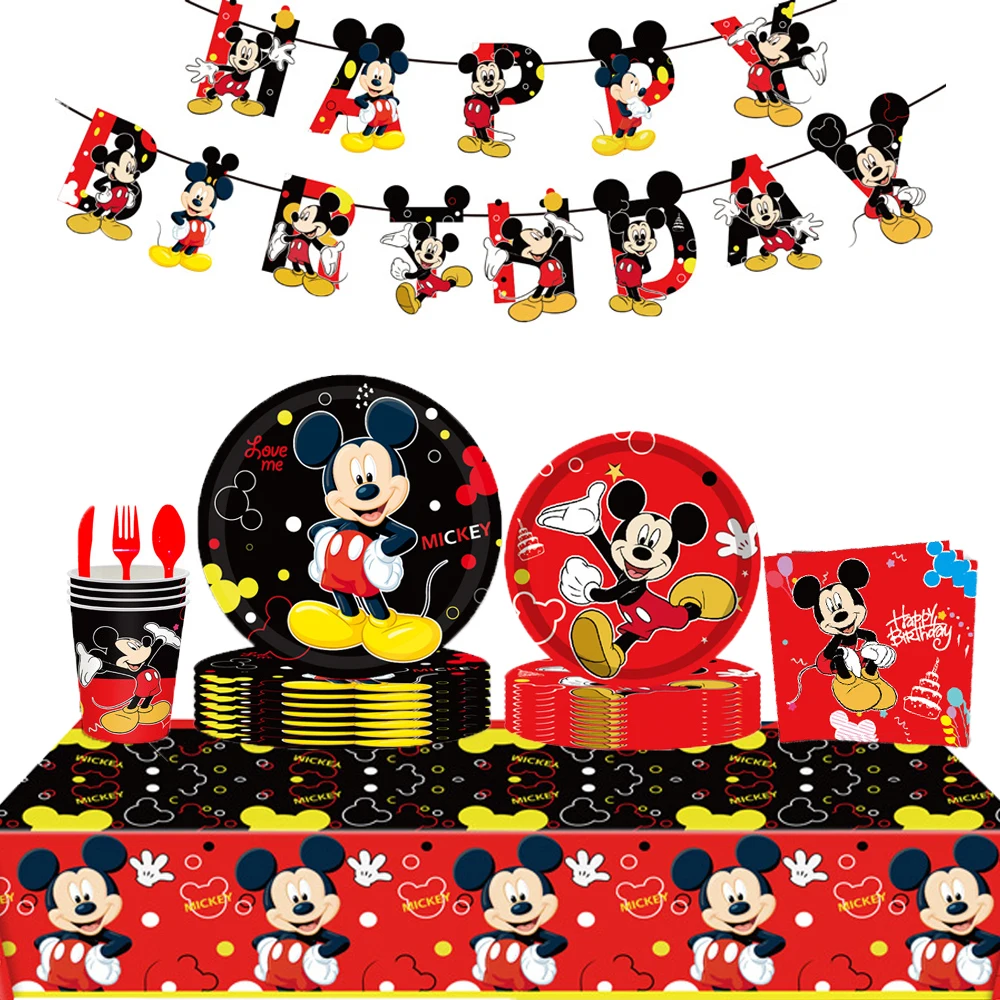 Тематична украса на парти с Мики Маус от червено Анимационни, детски рожден ден, еднократно Тава за хартия, Кърпа, Покривка, Набор от Ножове и лъжици
