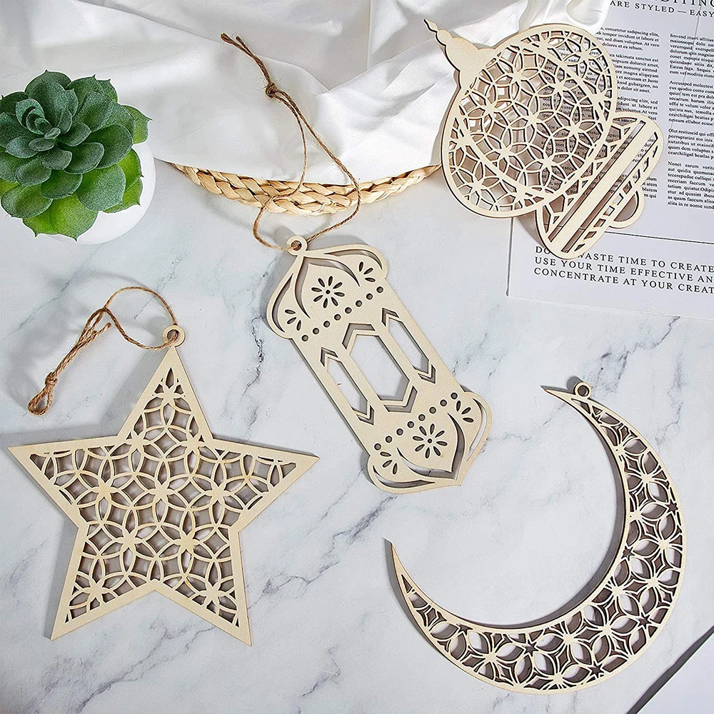 6ШТ Кух Дървен Занаятчийски Окачен Медальон Eid Mubarak Декор за Дома Ислямски Вечерни Аксесоари Eid