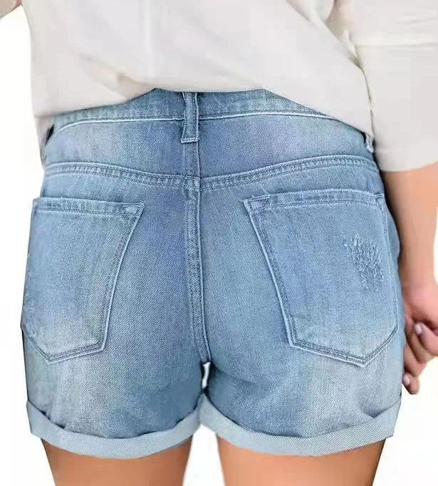 Дамски скъсани дънкови къси панталони с висока талия, разтеглив дънкови къси панталони с маншети хем