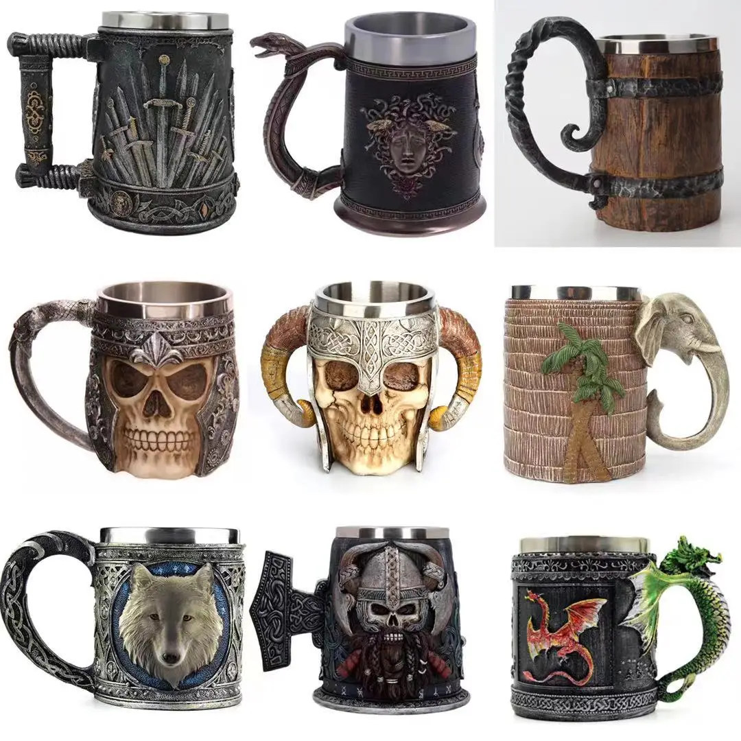 Една чаена чаша от черепа на Воин-викинга, една чаша от черепа от неръждаема стомана, ръчна прехвърляне, дизайн на тръбопровода, една чаша, чаша за напитки