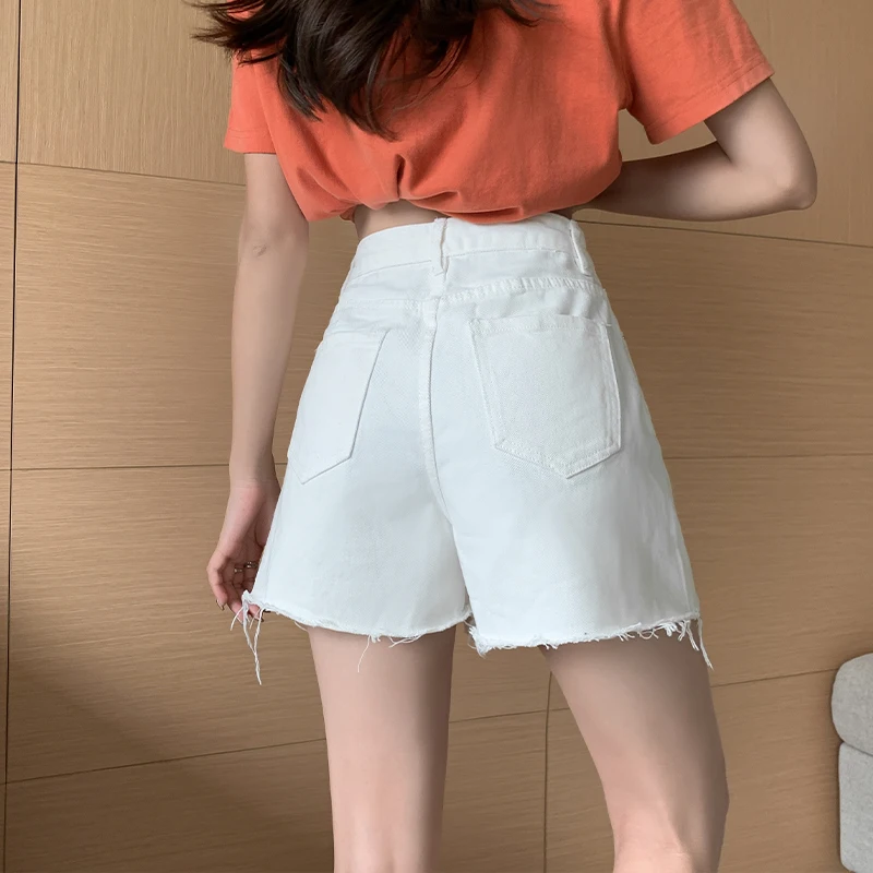 XS-2XL, обикновена бели черни дънкови къси панталони с висока талия, дамски летни корейски модни свободни дънки, дамски секси универсална ежедневни облекла