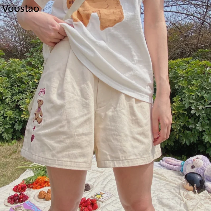 Японски кавайные дамски къси панталони с бродерия хубава мечка, ежедневни студентски късометражни филми, чист шик, сладки еластични къси панталони с висока талия