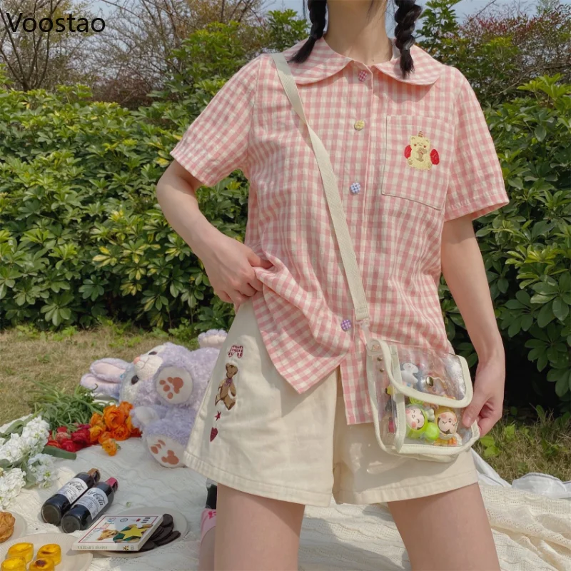 Японски кавайные дамски къси панталони с бродерия хубава мечка, ежедневни студентски късометражни филми, чист шик, сладки еластични къси панталони с висока талия