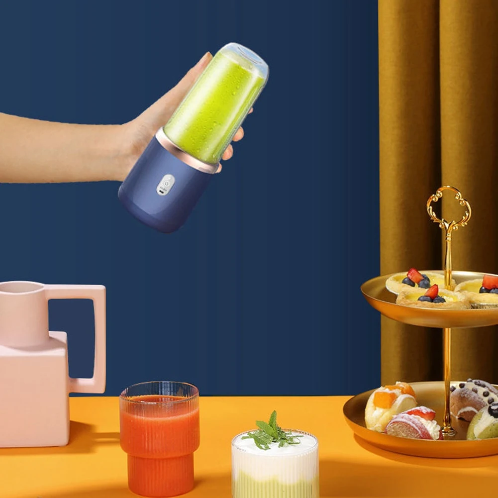 Сокоизстисквачка-пасатор с 6 остриета, чаша за сок и капак, преносима USB-акумулаторна малка машина за смесване на плодов сок (син)