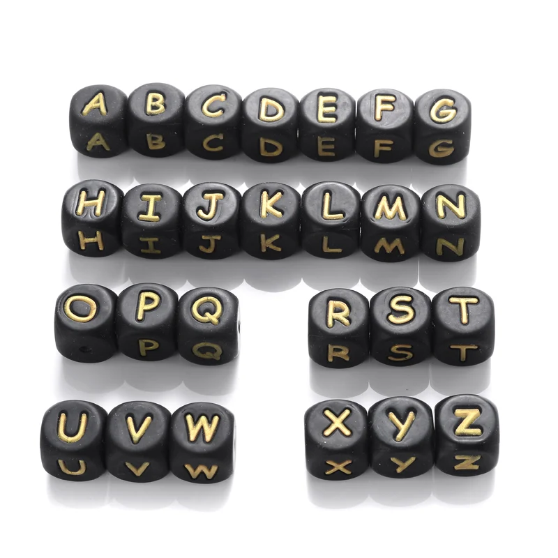 12 мм, 10 бр. Силиконови перли с черни + златни букви от английската азбука, мъниста с буквите от английската азбука за никнене на млечни зъби, подаръци за душата, BPA безплатно