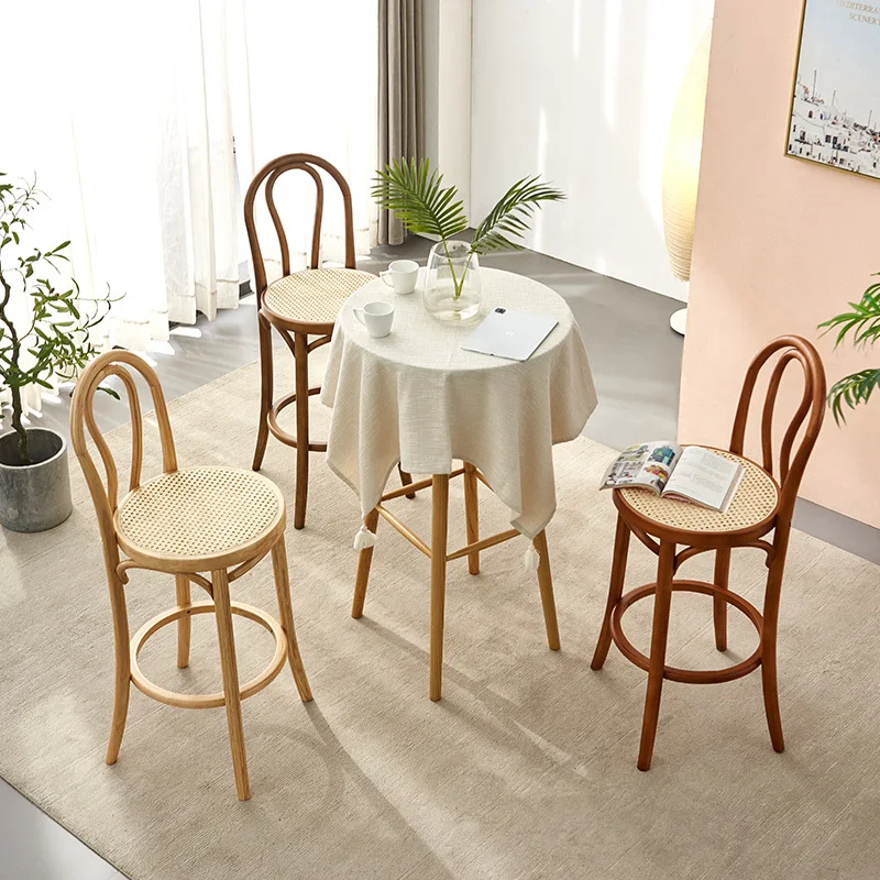 Скандинавски бар стол от дърво, ресторант, домашен Бар стол от ракита облегалка от ратан, модерен прост стол, стол от тръстика за кафе
